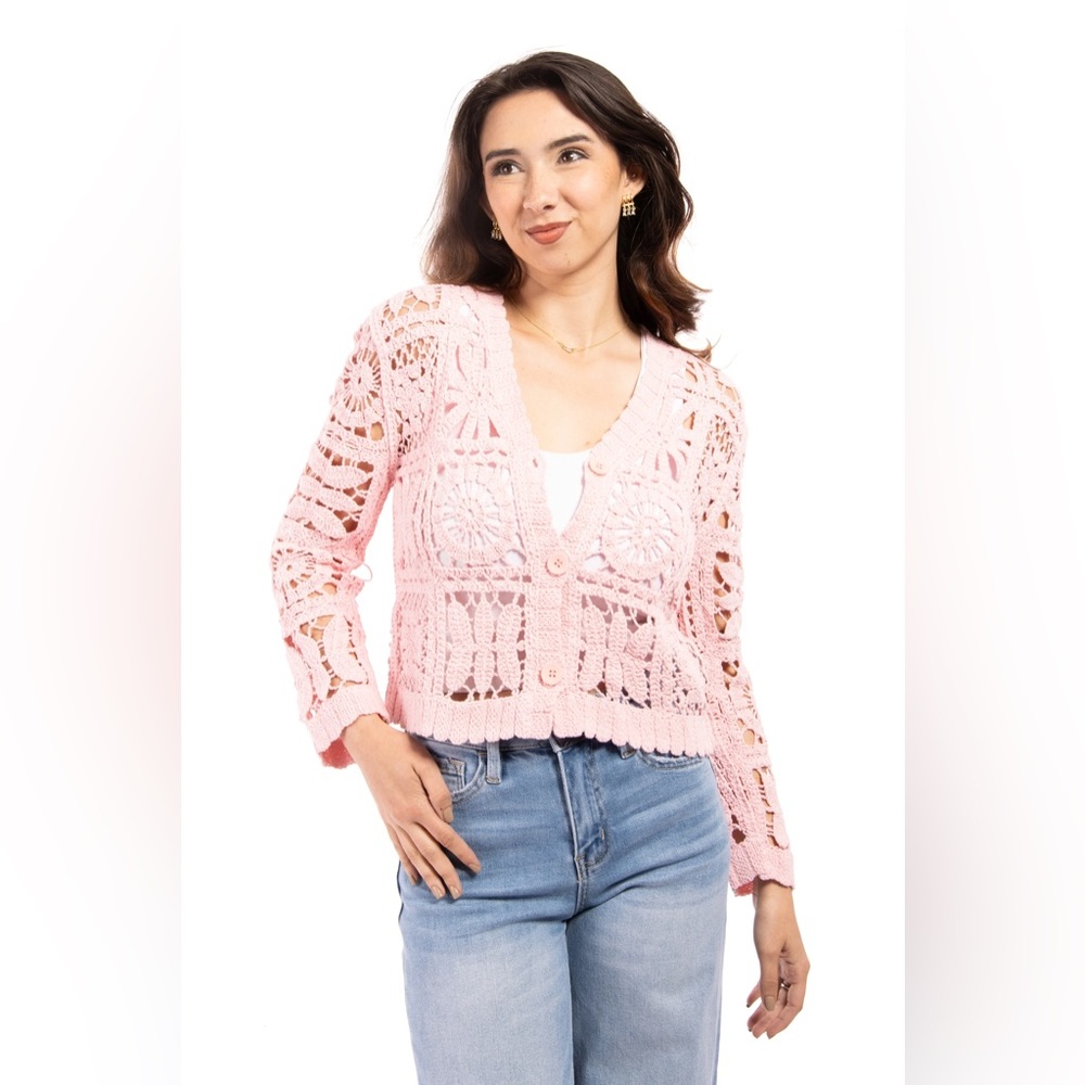 New POL One Size Pink Crochet Women's Cardigan 100% cotton